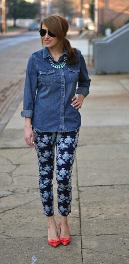 woman in floral pants and denim top