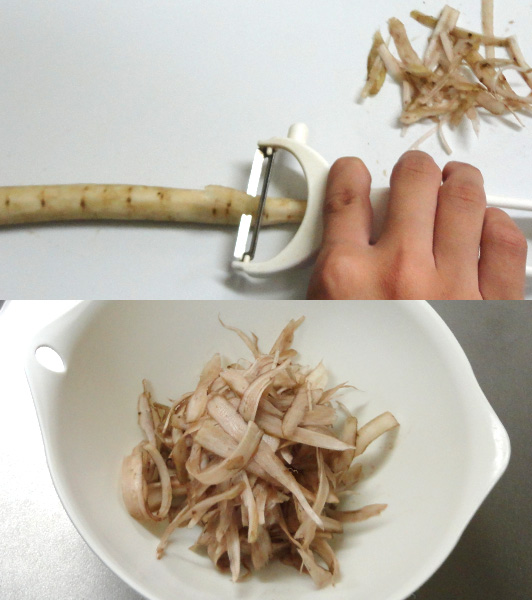 Cut burdock root using a peeler