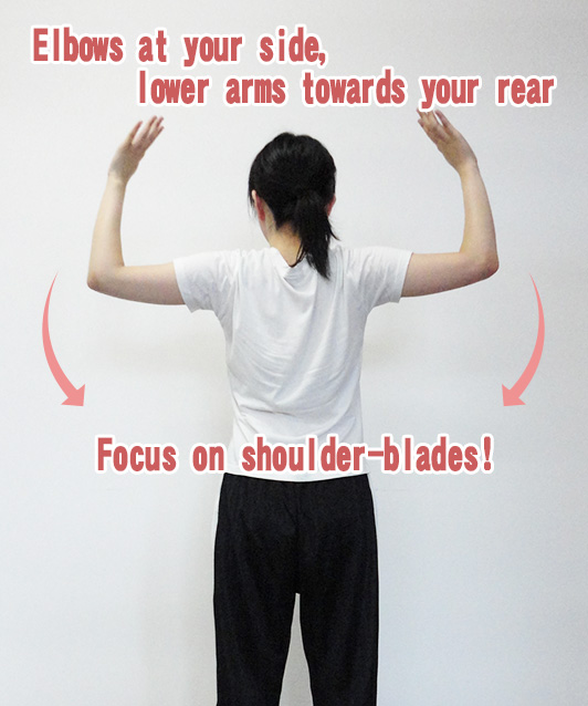 Elbows at your side, lower arms towards your rear