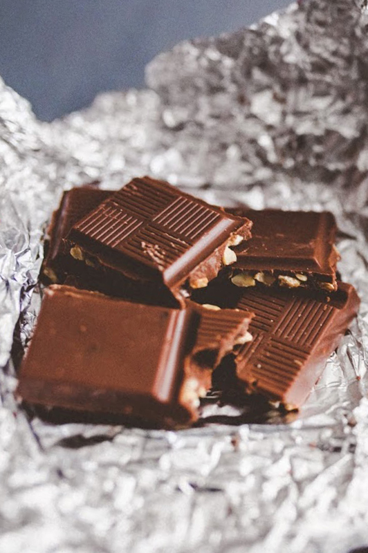 Pieces of chocolate on a tin foil.