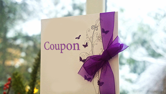 White coupon with purple bow and butterflies