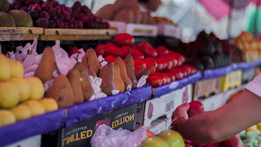 Boxes on green market filled with different fruit and vegetables.