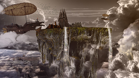 Fantasy floating city and clouds surrounding it.