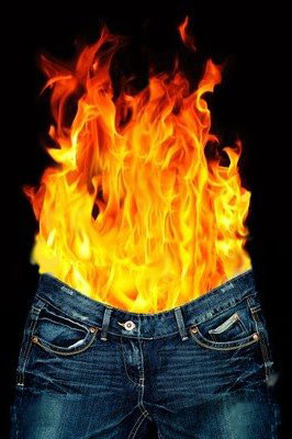 Jeans with flames coming out of  it