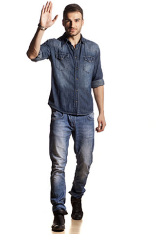 denim guy waving