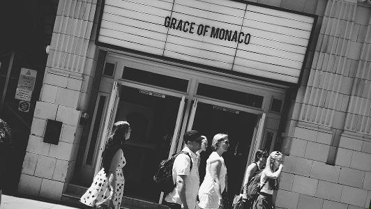 Black and gray photo of a cinema announcing Grace of Monaco.