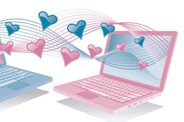 An illustration of a blue and a pink laptop connected with hearts