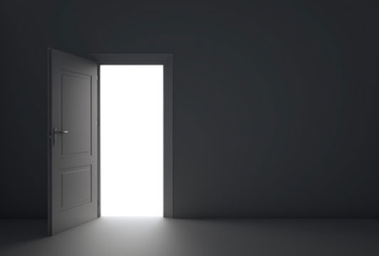 black and white open door