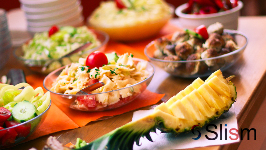 Pineapple and bowls with food