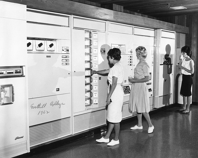 photo of 3 college students at the foothill college cafeteria in 1962