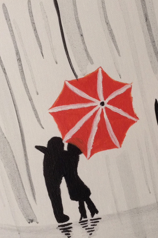 Drawing of a couple hugging under a red umbrella.