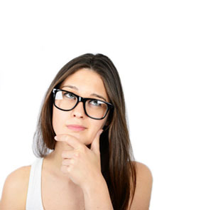 thinking woman in glasses with hand on chin
