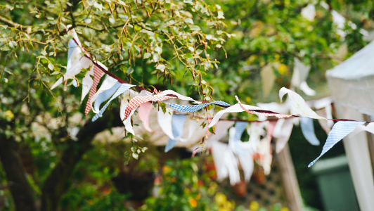 A celebration ornament hanging from a tree.