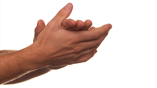 Hands clapping, white background.