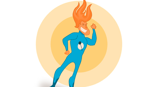 A hero in a blue bodysuit with a flame-looking hairstyle.