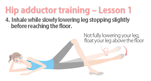 Inhale while slowly lowering leg stopping slightly before reaching the floor