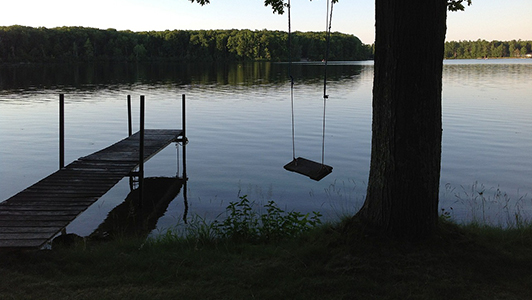 Lake and a wooden swing on a tree.