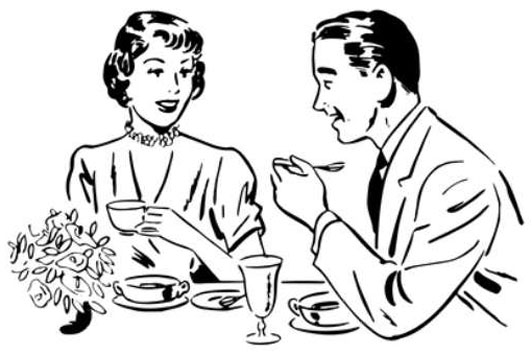 drawing of a man eating with his wife talking