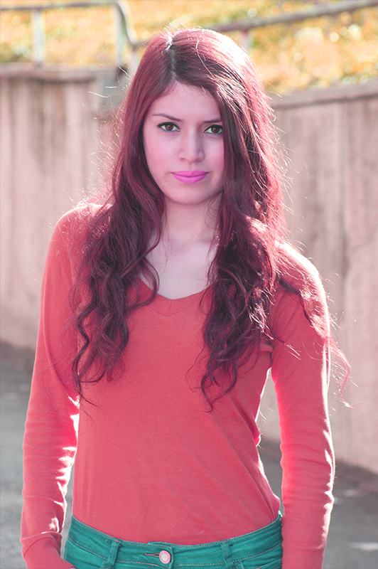 Girl with long wavy hair.